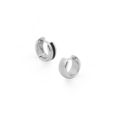 Edgy and bold earrings. Silver huggies with black enamel.