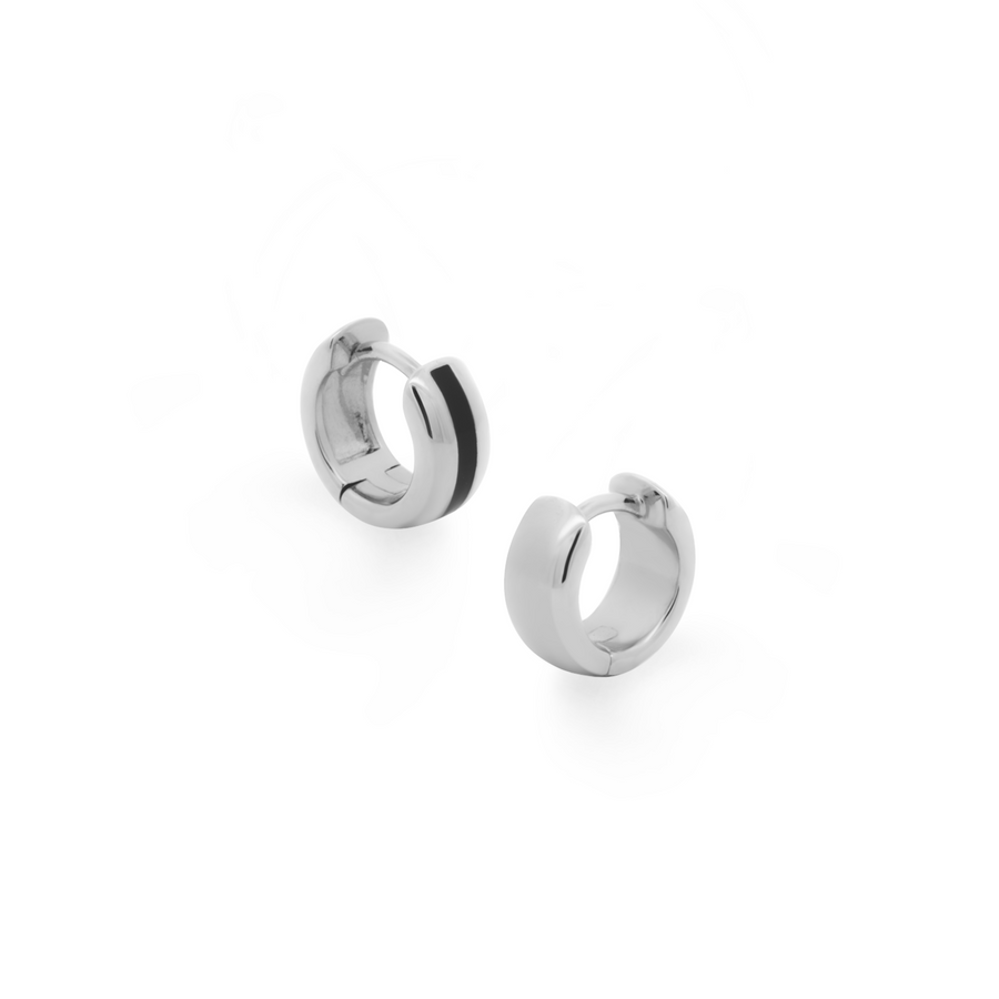 Edgy and bold earrings. Silver huggies with black enamel.