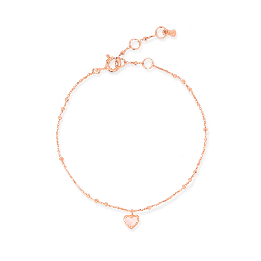 Charming and elegant bracelet in rose gold with rose quartz pendant.